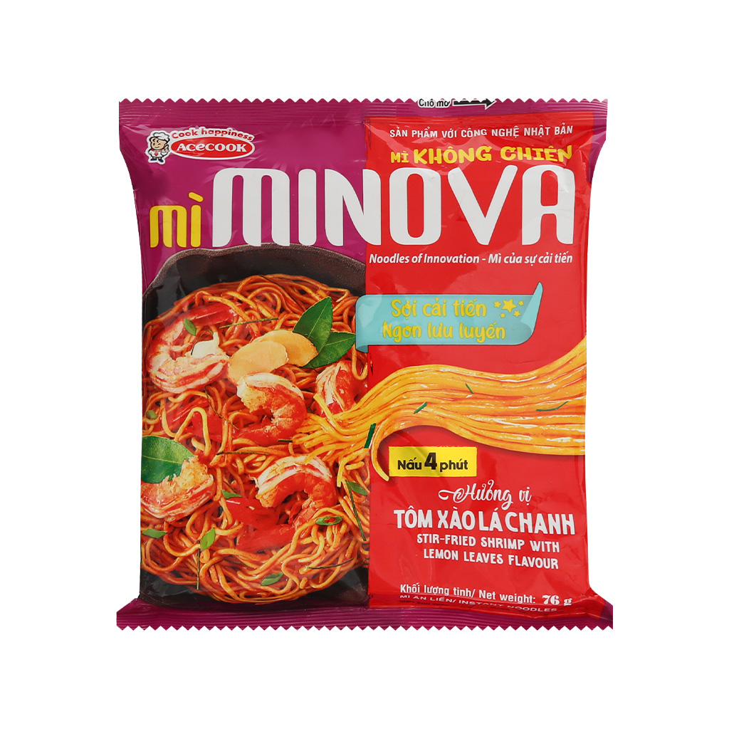 Mì không chiên Minova gồm mì trộn tôm xào lá chanh/mì nước cua sườn heo Acecook gói