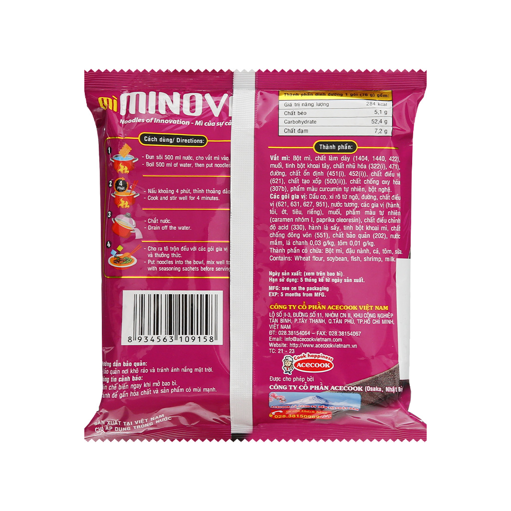 Mì không chiên Minova gồm mì trộn tôm xào lá chanh/mì nước cua sườn heo Acecook gói