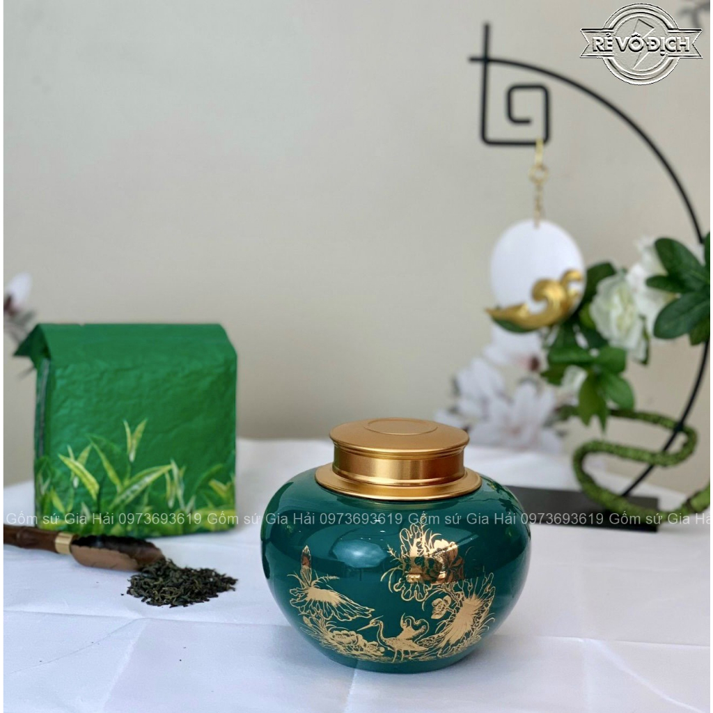 Hũ Đựng chè Vẽ Vàng Xanh Ngọc, Lọ đựng Trà Gốm Sứ Bát Tràng Cao Cấp Cao 14cm Đường Kính 13cm