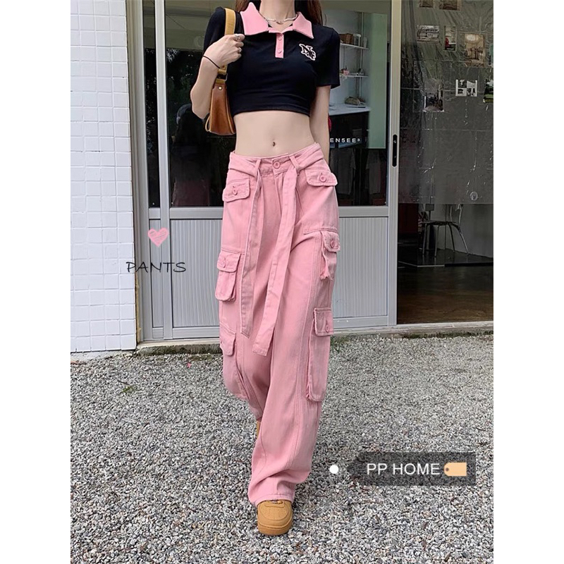 Quần jeans suông hồng túi hộp đai dài