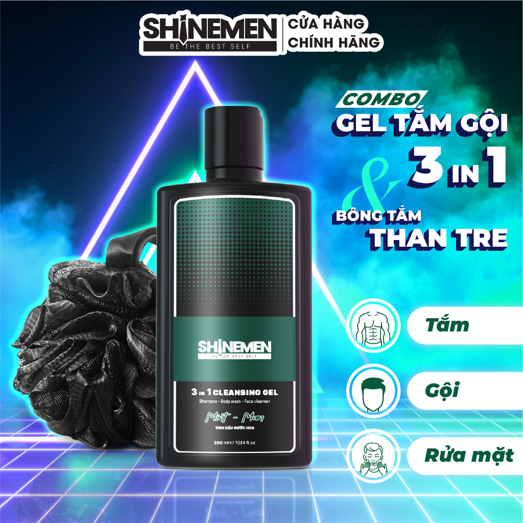 [Combo] Sữa Tắm Gội Rửa Mặt 3 In 1 Cho Nam Shinemen Hương Nước Hoa Mint - Man Và Bông Tắm Than Tre Tẩy Tế Bào Chết
