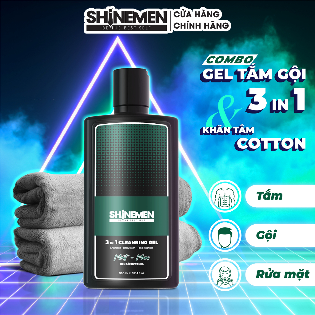 [Combo] Sữa Tắm Gội Và Rửa Mặt 3 In 1 Cho Nam Shinemen Hương Nước Hoa Mint - Man Chai 300Ml Và Khăn Bông Cotton Siêu Mềm