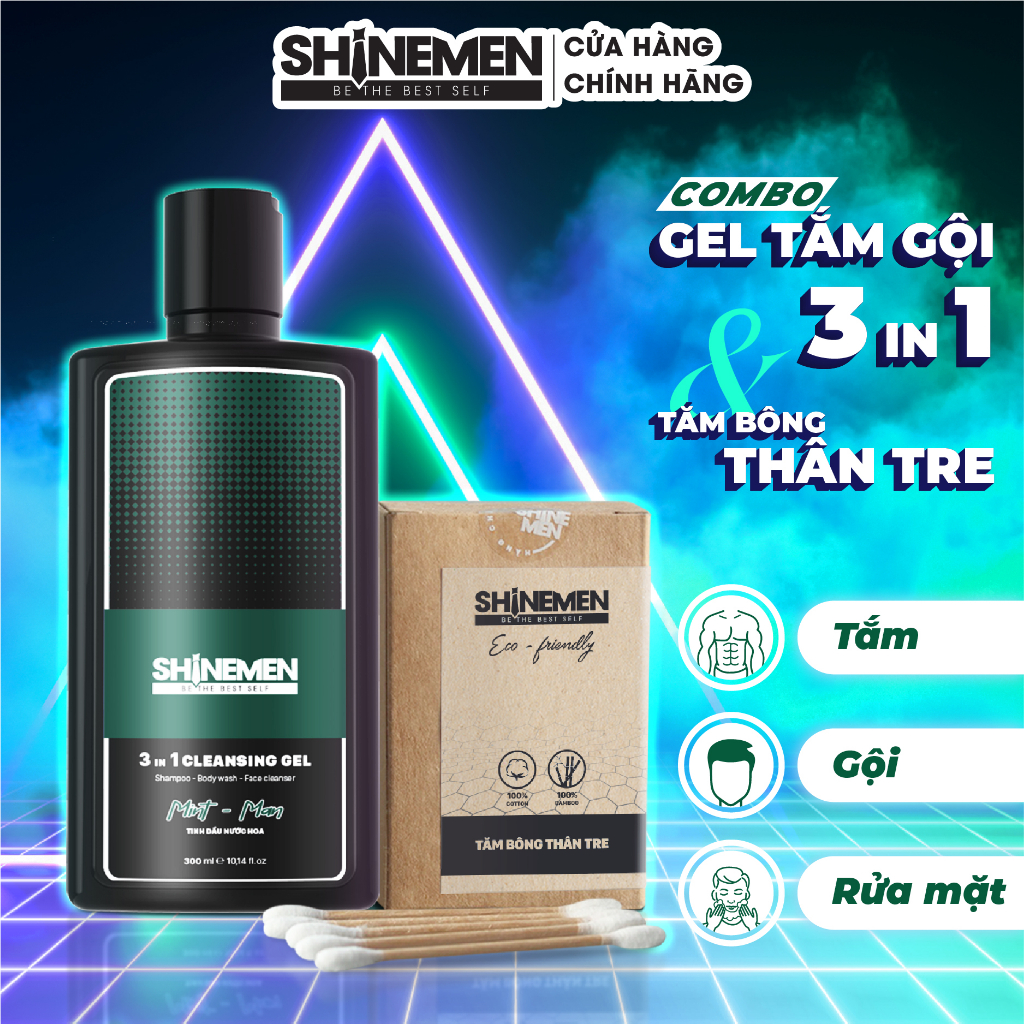 [Combo] Sữa Tắm Gội Và Rửa Mặt 3 In 1 Cho Nam Shinemen Nước Hoa Mint - Man Collagen, Provitamin B5 Và Tăm Bông Thân Gỗ Tre