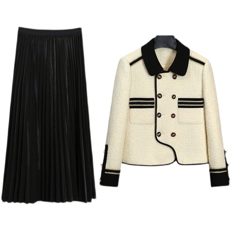 Áo Dạ Tweet Áo Lót Trần Trám Chân Váy dài Xếp Ly