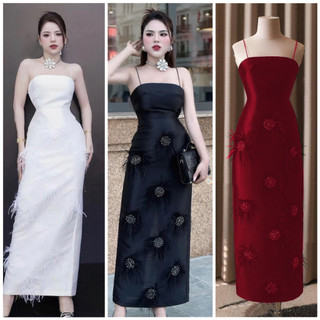 MS1593Y063Y  ĐẦM 2 DÂY ĐÍNH LÔNG VŨ PHA LÊ FULL SIZE S/M/L/XL