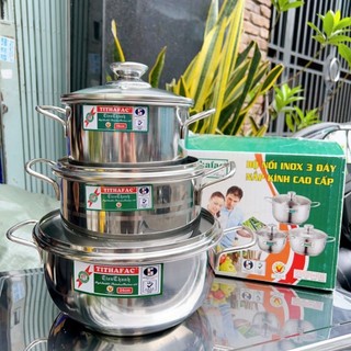 Bộ 3 nồi inox đáy từ nắp kính tithafac , nồi inox ticook