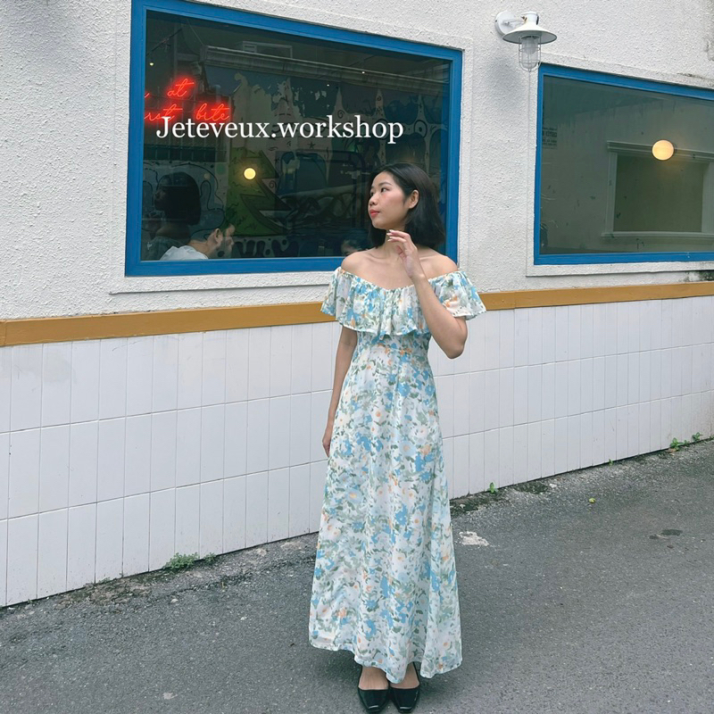 Váy hoa dáng dài bèo vai