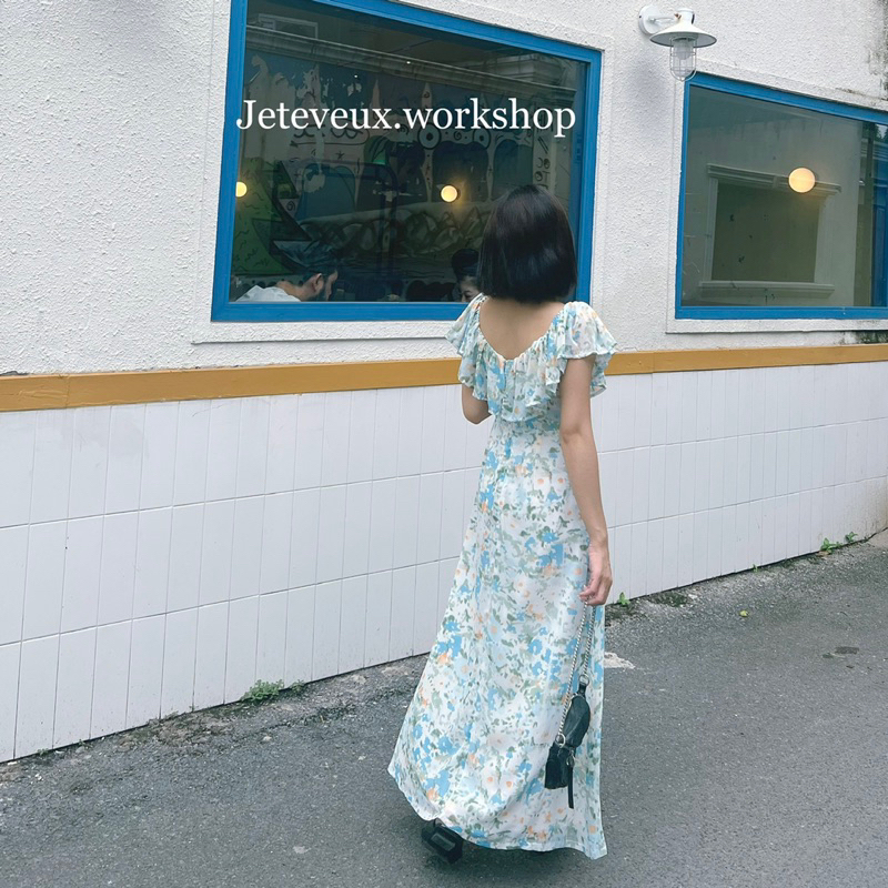 Váy hoa dáng dài bèo vai