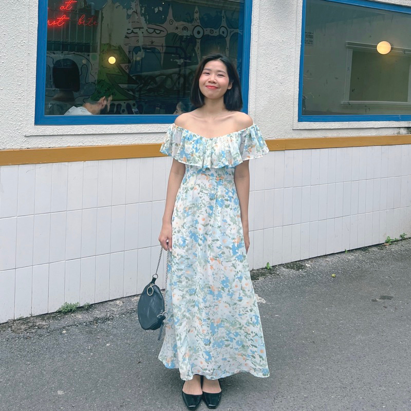 Váy hoa dáng dài bèo vai