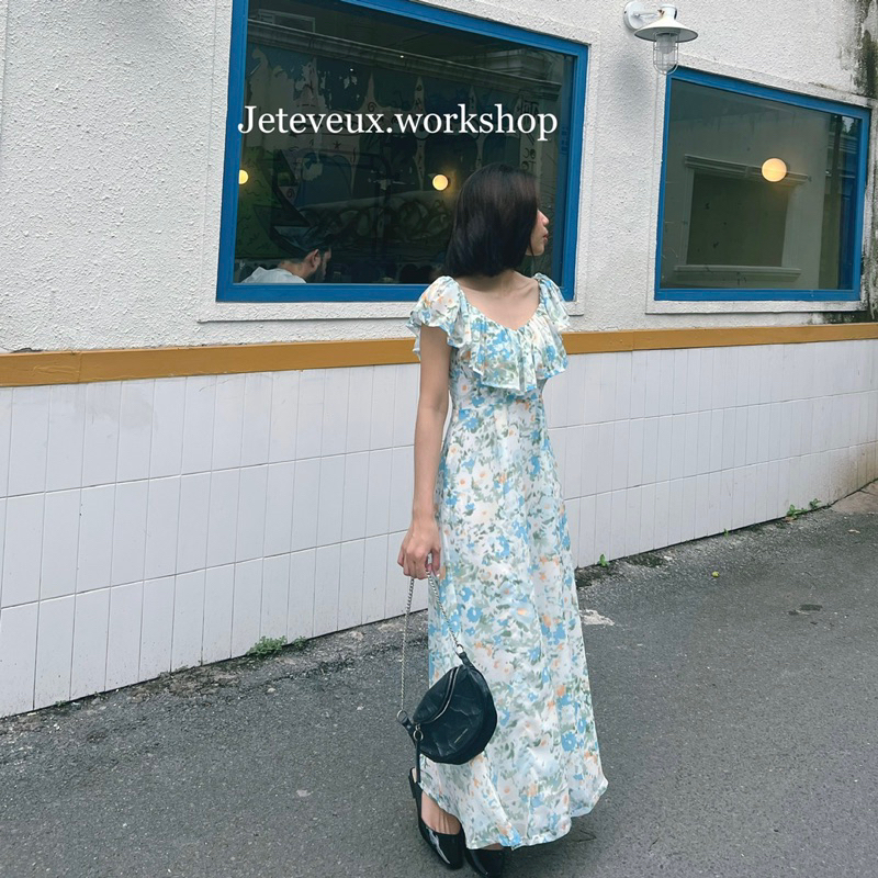 Váy hoa dáng dài bèo vai