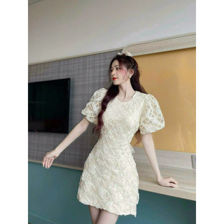 Đầm nữ thời trang mặc đi chơi tay phồng hở lưng cột dây nơ sau chất vải Xô Bông cao cấp dáng váy chữ A
