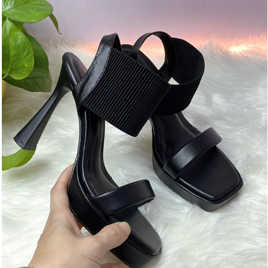 dép sandal hót trend,bo cổ chân,chất liệu da lì,gót cao 12cm