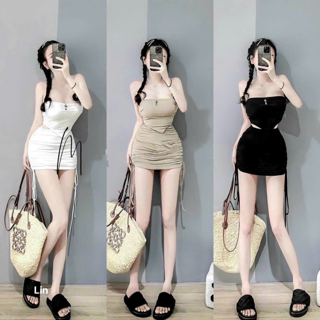 Set thun bozip gồm áo ống đính khoen chữ thập mix chân váy rút dây