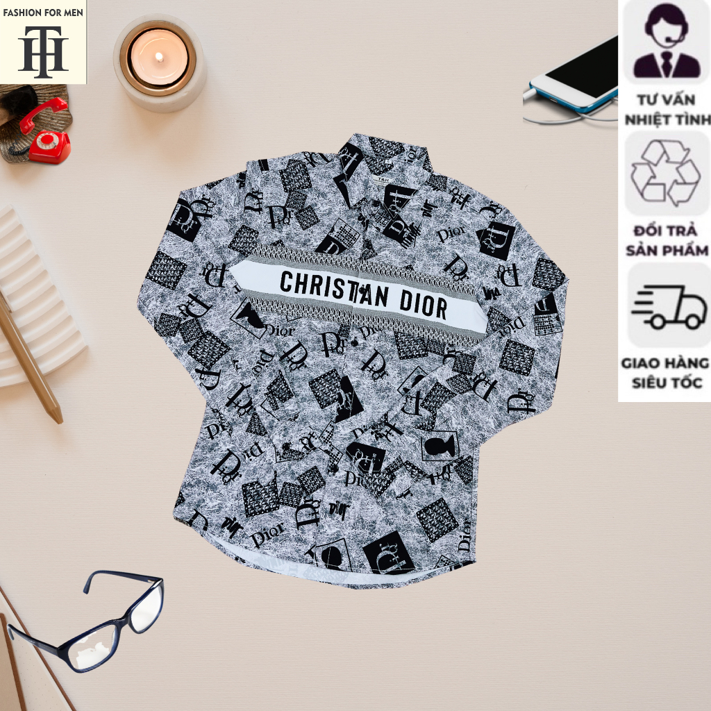 Áo sơ mi nam cao cấp TH in hình 3D chữ Dior thời trang