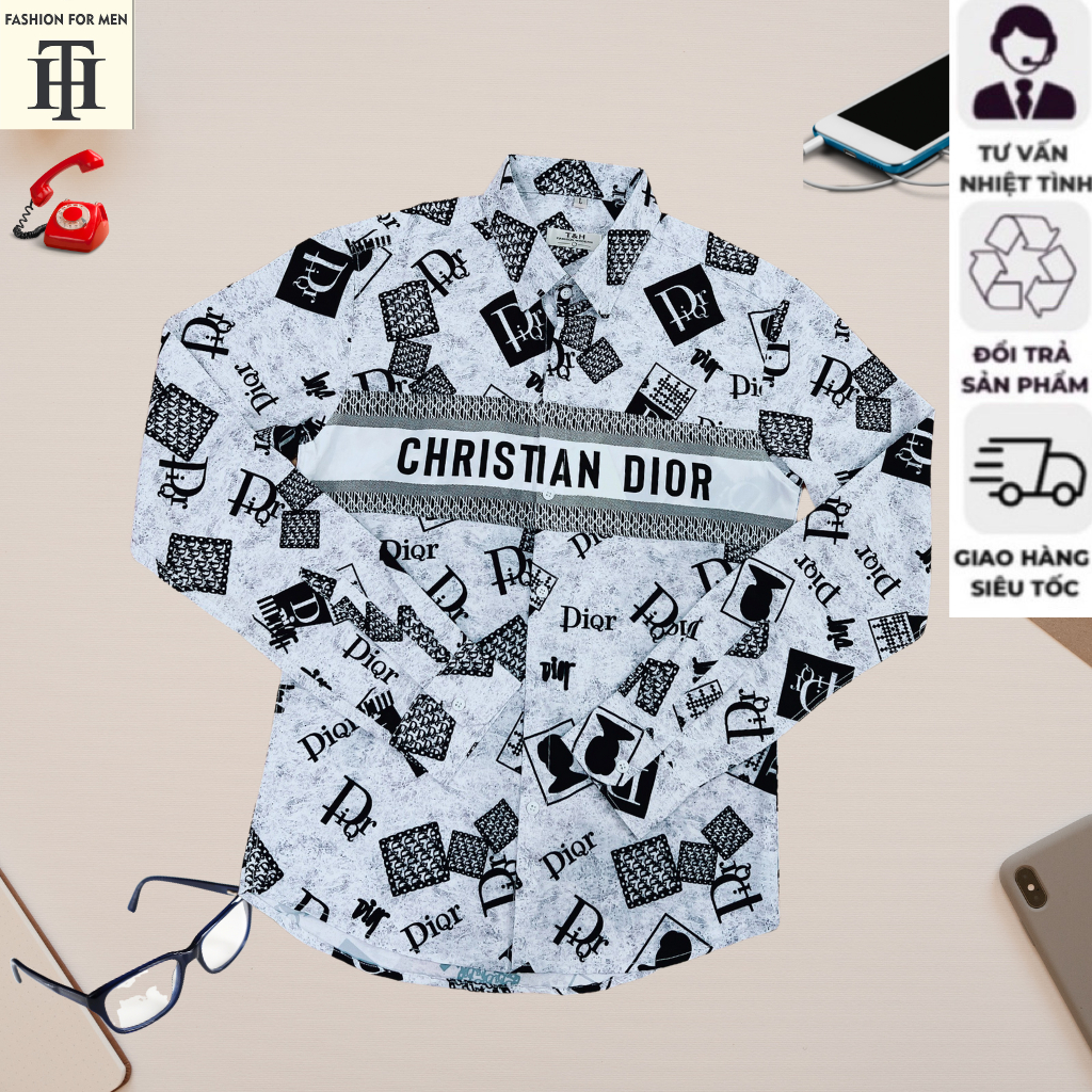 Áo sơ mi nam cao cấp TH in hình 3D chữ Dior thời trang