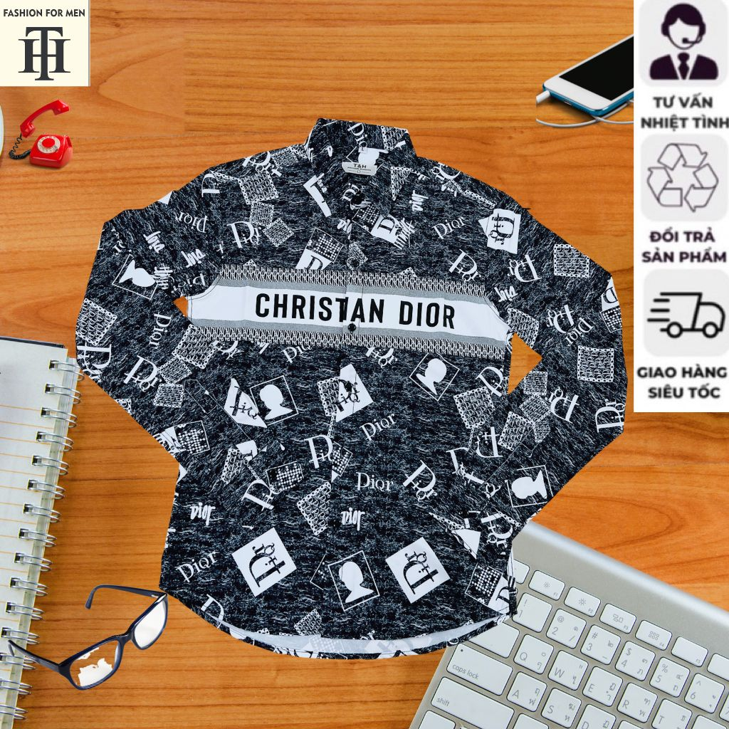 Áo sơ mi nam cao cấp TH in hình 3D chữ Dior thời trang