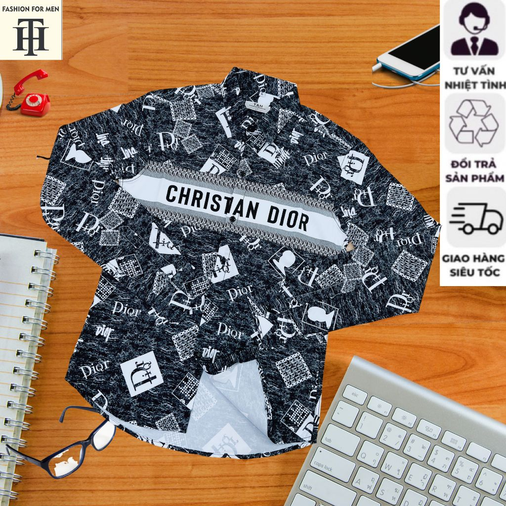 Áo sơ mi nam cao cấp TH in hình 3D chữ Dior thời trang