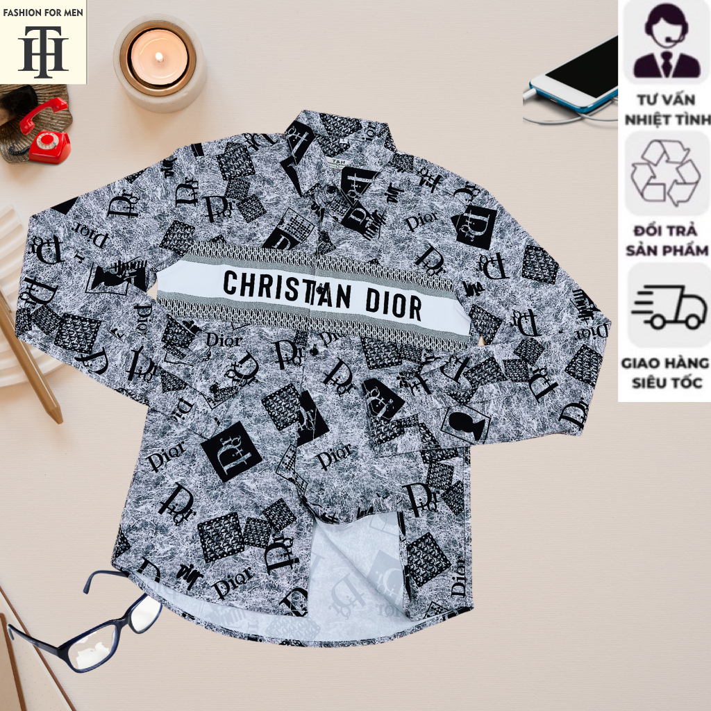 Áo sơ mi nam cao cấp TH in hình 3D chữ Dior thời trang