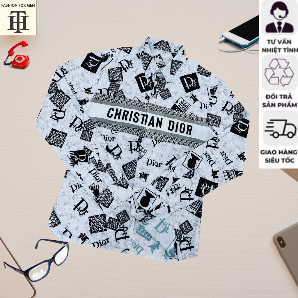 Áo sơ mi nam cao cấp TH in hình 3D chữ Dior thời trang