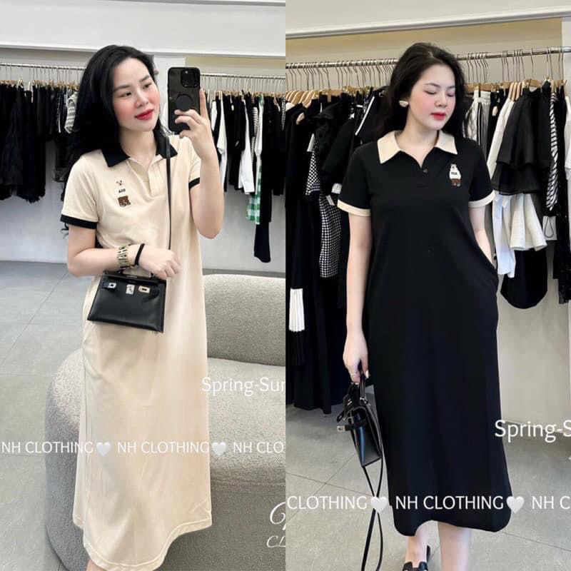 Đầm polo thêu gấu dáng dài chất cotton tay ngắn trơn basic thanh lịch xinh xắn