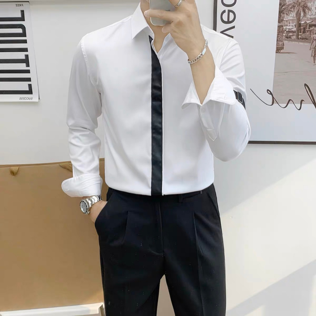 Áo sơ mi nam hàn quốc phối LINE tay dài trắng đen ,Sơ mi nam công sở vải lụa thấm hút mồ hôi