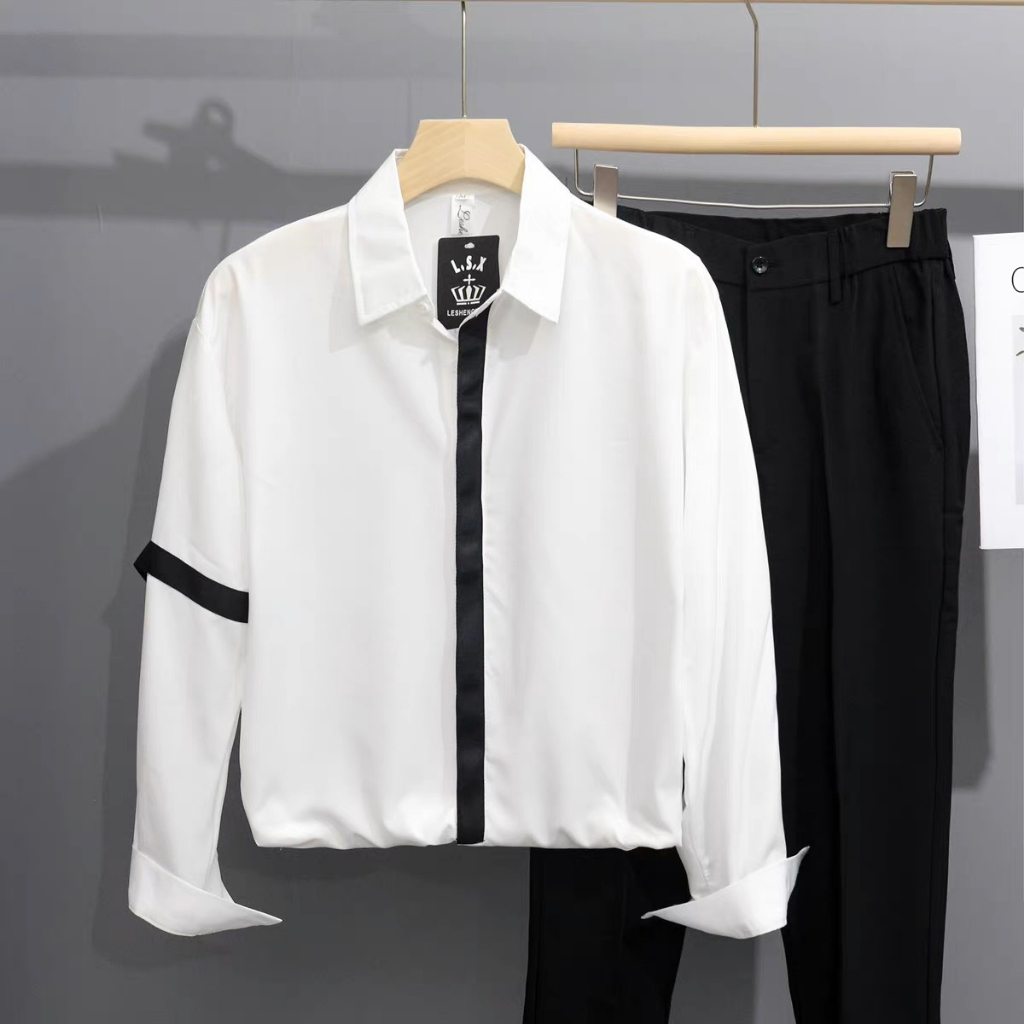 Áo sơ mi nam hàn quốc phối LINE tay dài trắng đen ,Sơ mi nam công sở vải lụa thấm hút mồ hôi