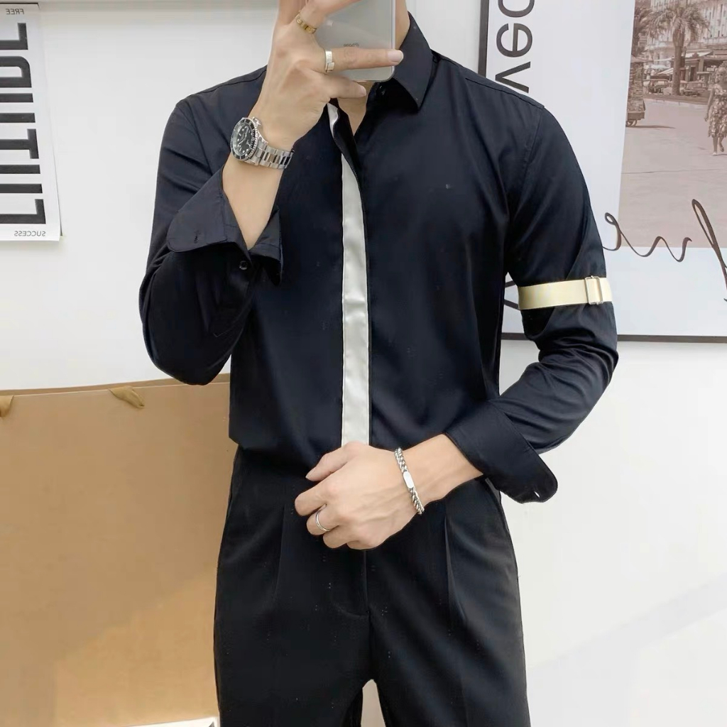 Áo sơ mi nam hàn quốc phối LINE tay dài trắng đen ,Sơ mi nam công sở vải lụa thấm hút mồ hôi