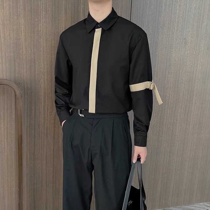 Áo sơ mi nam hàn quốc phối LINE tay dài trắng đen ,Sơ mi nam công sở vải lụa thấm hút mồ hôi