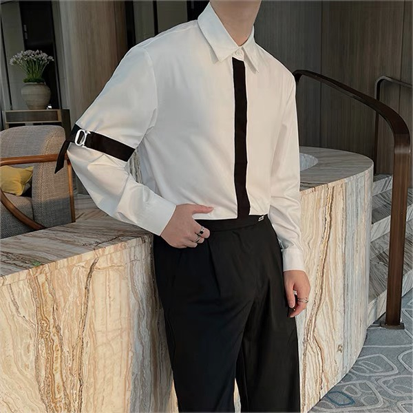 Áo sơ mi nam hàn quốc phối LINE tay dài trắng đen ,Sơ mi nam công sở vải lụa thấm hút mồ hôi