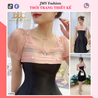 V3898 Váy đen tafta dáng A đính ngọc sang chảnh váy đen phối organza hồng nude cổ vuông