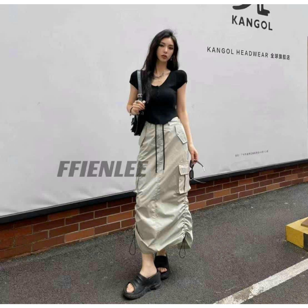 Chân váy rút sườn túi hộp mã mới hot hit siêu xinh , Chân váy dáng dài phối túi hộp dây rút siêu hot MS