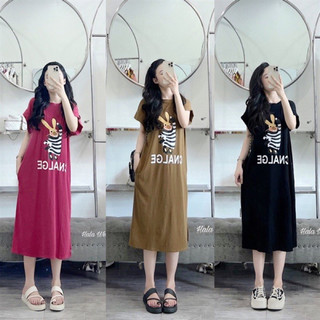 Đầm suông cotton, váy thun dáng dài in gấu thỏ form rộng thời trang nhiều màu