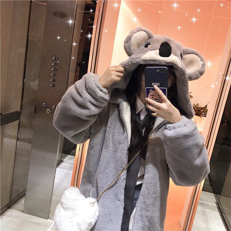 Áo lông cừu mũ thêu hình mặt gấu xám trẻ trung cute phong cách hàn quốc