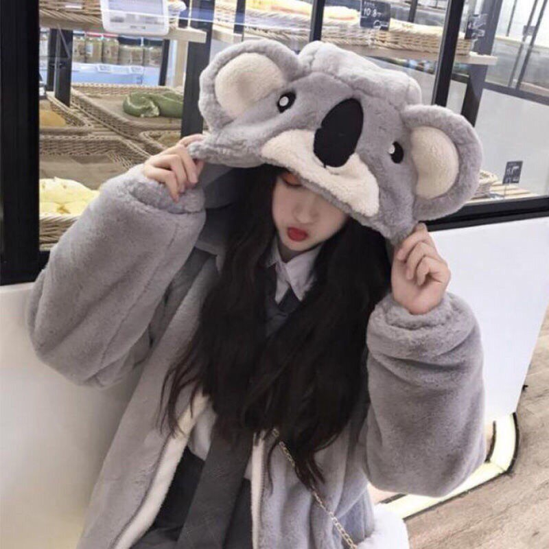 Áo lông cừu mũ thêu hình mặt gấu xám trẻ trung cute phong cách hàn quốc
