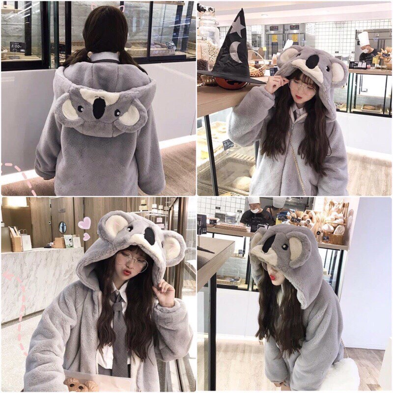 Áo lông cừu mũ thêu hình mặt gấu xám trẻ trung cute phong cách hàn quốc