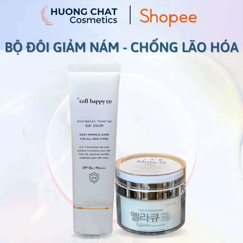 Bộ Đôi Giảm Nám, Trắng Da, Chống Lão Hóa (Kem Nám Mela Q Plus 50ml + Kem Chống Nắng Cell Happy Co 50ml)