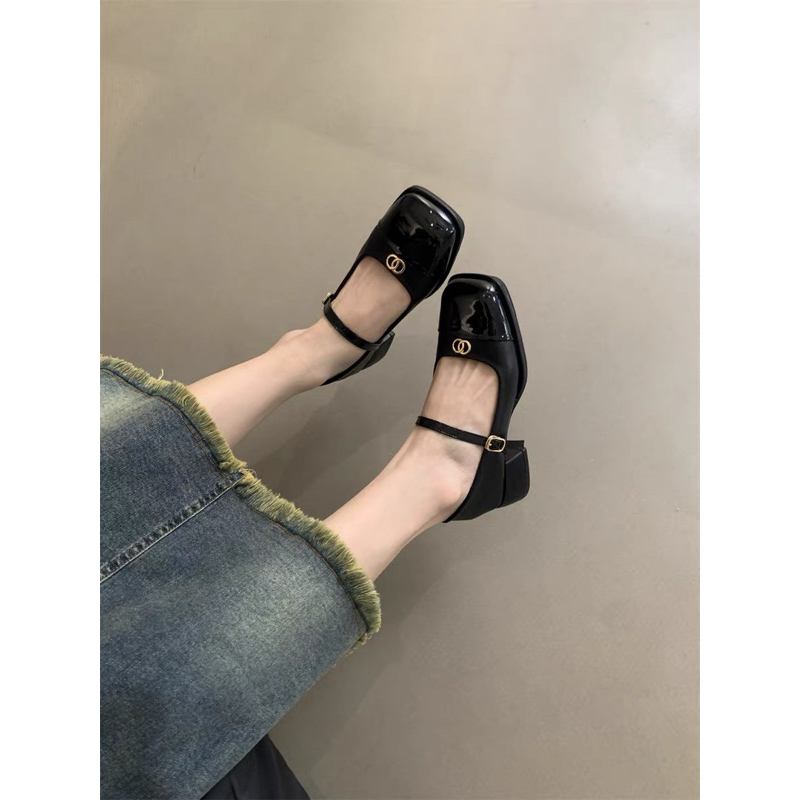 Giày 3p da bóng mũi vuông phong cách