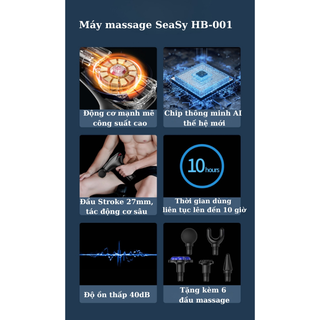 Máy massage cầm tay SeaSy HB-001 đấm lưng, mát xa trị liệu cổ vai gáy 8 cấp độ Tặng kèm 5 đầu