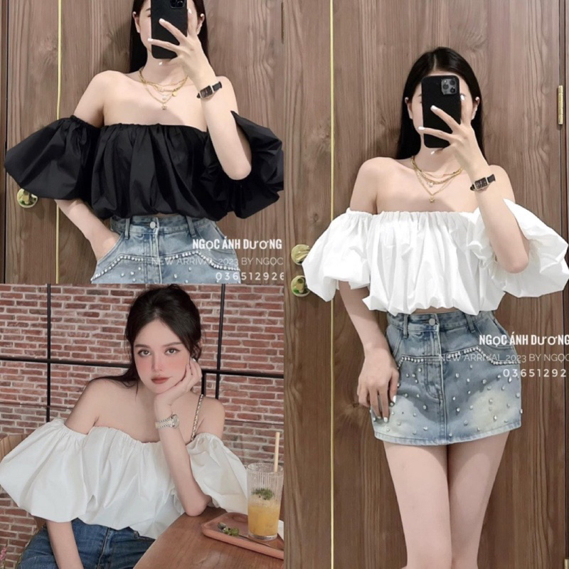 Áo trễ vai tay bồng viền chun 2 lớp 2 màu (kèm ảnh thật và video)