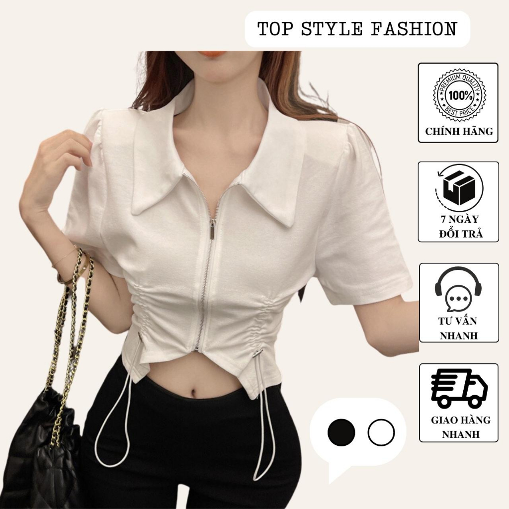 Áo thun ôm body ngắn tay phồng phối khóa kéo tôn dáng, áo croptop nữ cổ sơ mi rút dây gợi cảm-A152