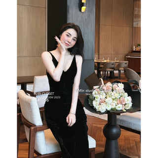 Đầm body hai dây nhung rúm eo Datasco