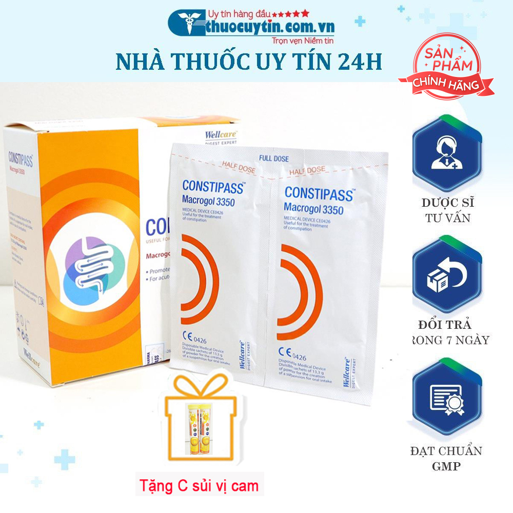 Nhuận tràng CONSTIPASS Macrogol 3350 Wellcare dạng bột - Giảm táo bón, làm mềm phân ở cả trẻ em và người lớn Hộp 20 gói