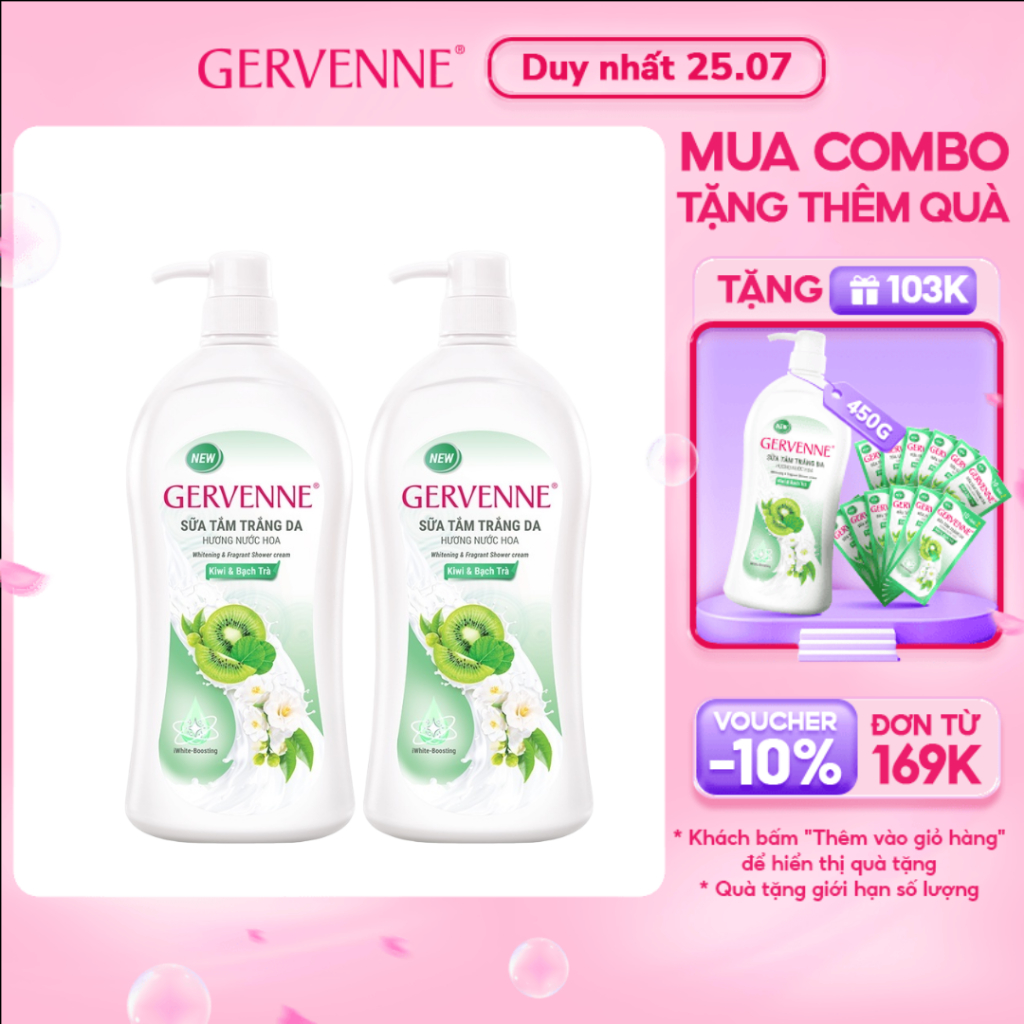 Combo 2 Sữa tắm trắng da hương nước hoa Gervenne Kiwi và Bạch Trà 900g/chai