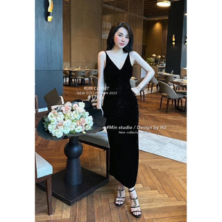 Đầm body hai dây nhung rúm eo Datasco