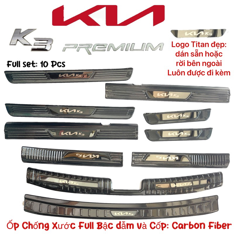 Nẹp bước chân Chống trầy Cốp xe Kia K3 2022-2024 Carbon mới đầy đủ bậc và cốp Đủ logo đẹp đi kèm Phụ