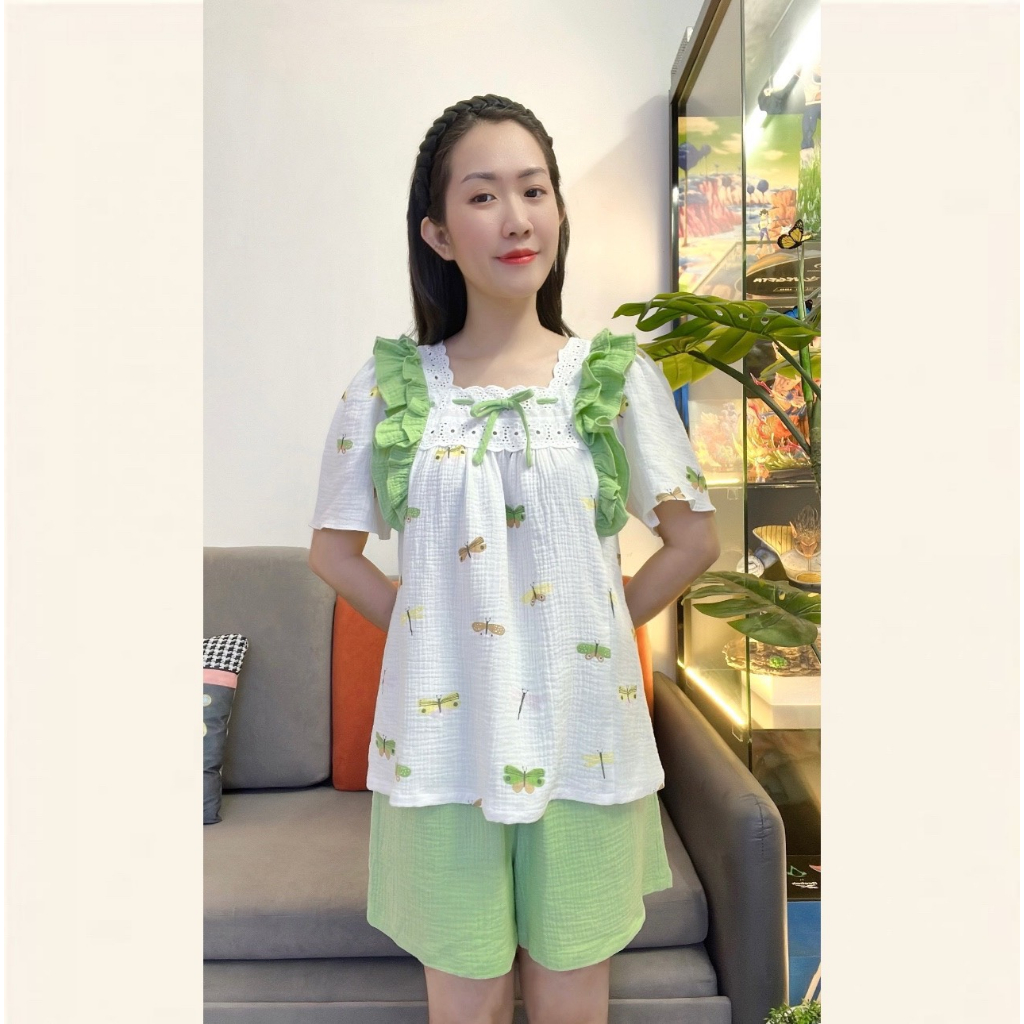 Đồ bộ nữ, đồ ngủ nữ xô muslin cao cấp cổ vuông phối bèo, đồ bộ bigsize
