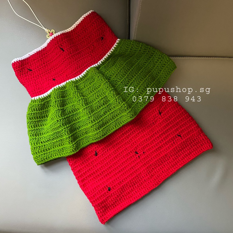 Set Dưa Hấu- Áo dây và chân váy dưa hấu len móc thủ công HandMade