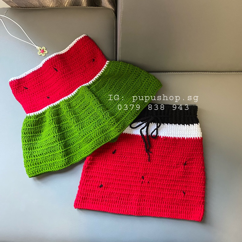Set Dưa Hấu- Áo dây và chân váy dưa hấu len móc thủ công HandMade