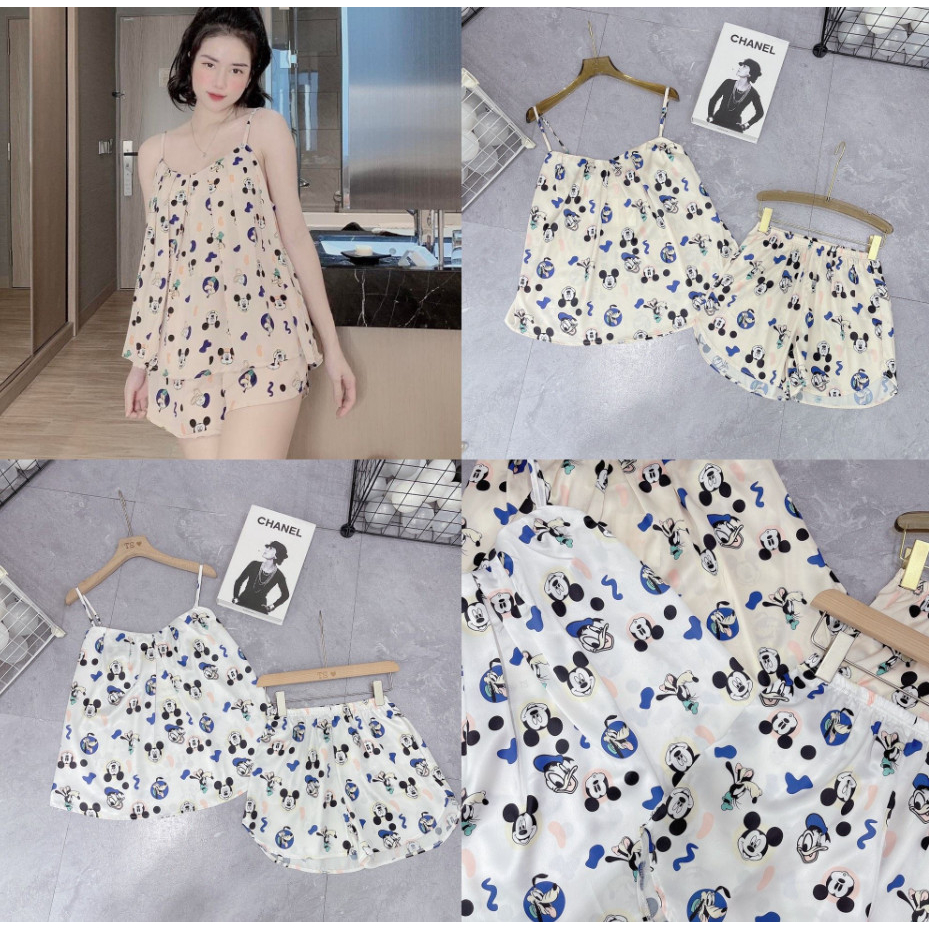 bộ lụa 2 dây mickey cổ xếp ly , chất lụa ngọc mềm mát , pyjama nữ cao cấp , quai có nút điều chỉnh