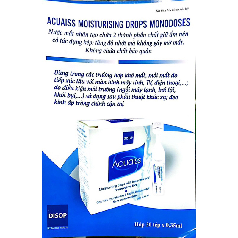 Dưỡng mắt nhân tạo không chất bảo quản ACUAISS giúp giảm mỏi mắt, giảm khô mắt , cũng cấp nước mắt  nhân tạo cho mắt